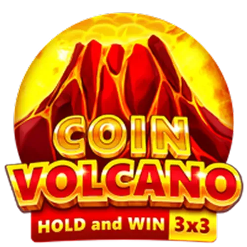 Coin Volcano Herní logo Coin Volcano s vybuchující sopkou a lávou