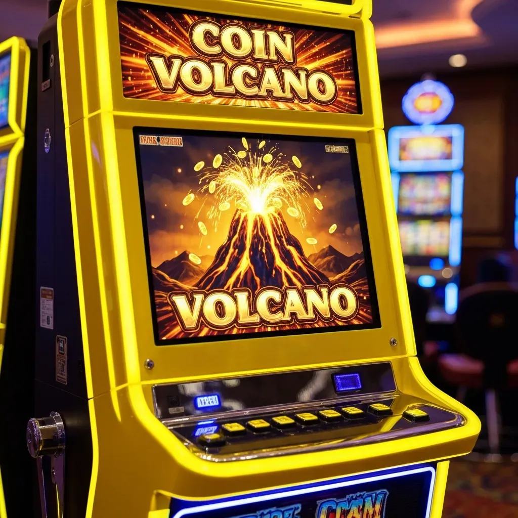 Coin Volcano Žlutý hrací automat s obrazovkou hry Coin Volcano