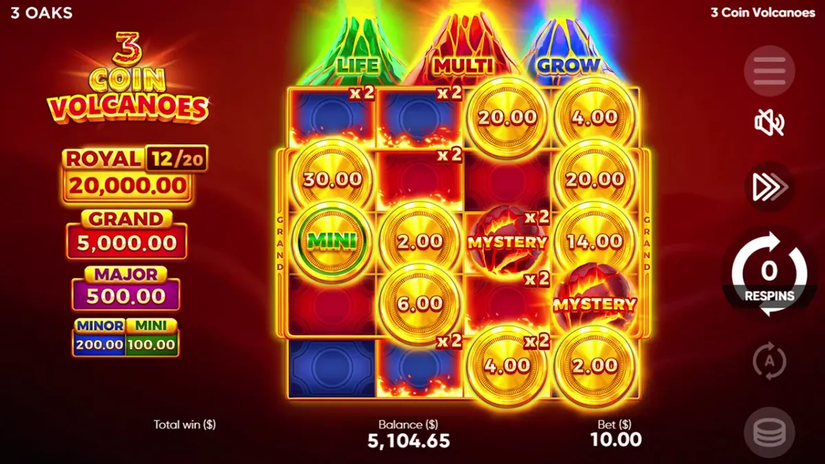 Coin Volcano Hrací automat 3 Coin Volcanoes se symboly mincí a sopek